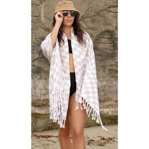 Teema Organic Cotton Tan Checkmate Flat Woven Turkish Towel Bath Sheet New